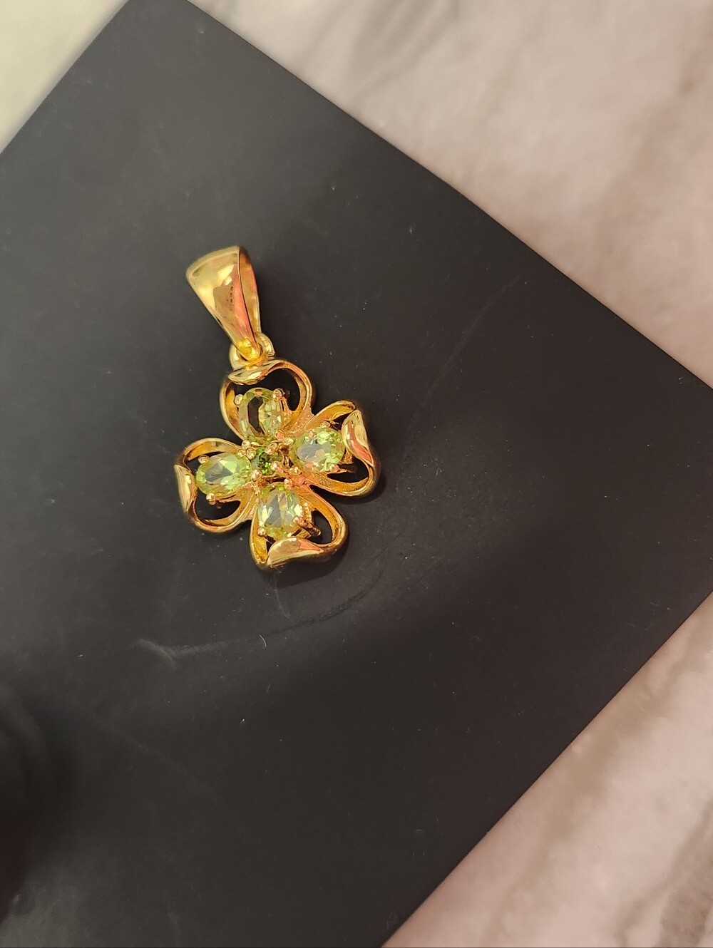 Gold Flower/Clover Pendant With Green Peridot, 18k Gold Over Sterling Silver
